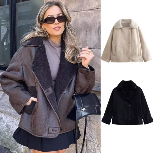 Damen nan kurze Winterjacke mit weichem Teddyfutter, Umschlagkragen und Knopfleiste Drune