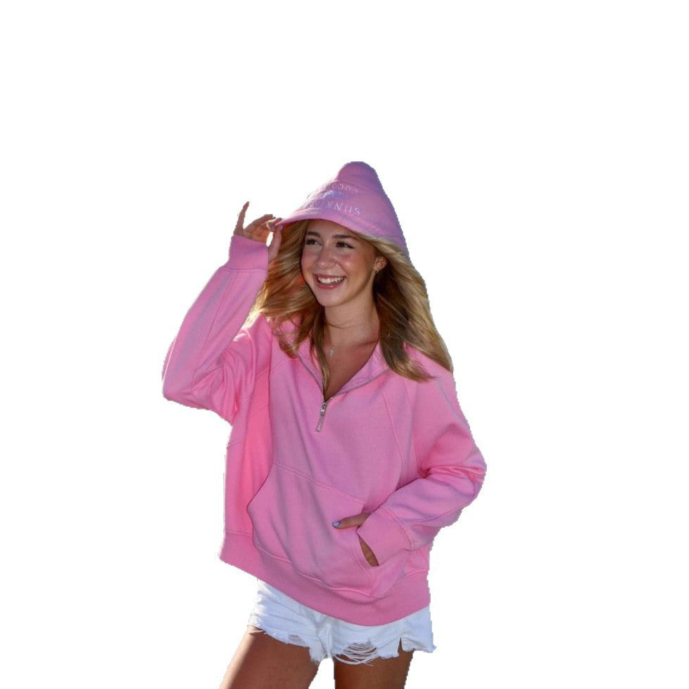 Damen Oversized Hoodie mit kurzem Reißverschluss und Kängurutasche Drune