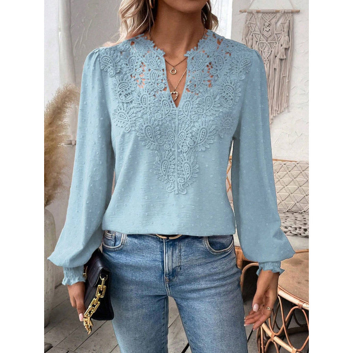 Damen Bluse mit gesticktem V-Ausschnitt und langen Ärmeln Drune