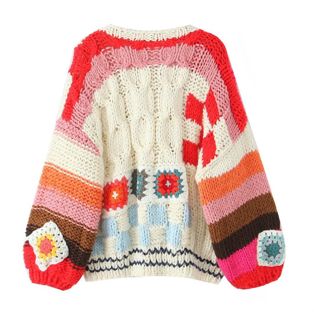 Damen modische Strickjacke mit bunten Häkelmotiven Drune