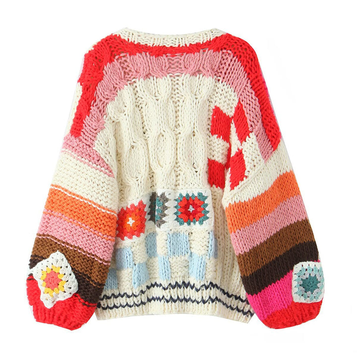 Damen modische Strickjacke mit bunten Häkelmotiven Drune