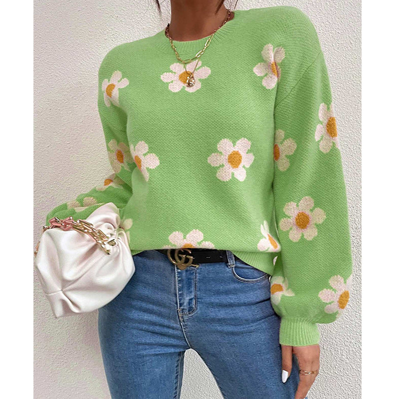 Damen Pullover mit floralem Muster und voluminösen Ärmeln Drune