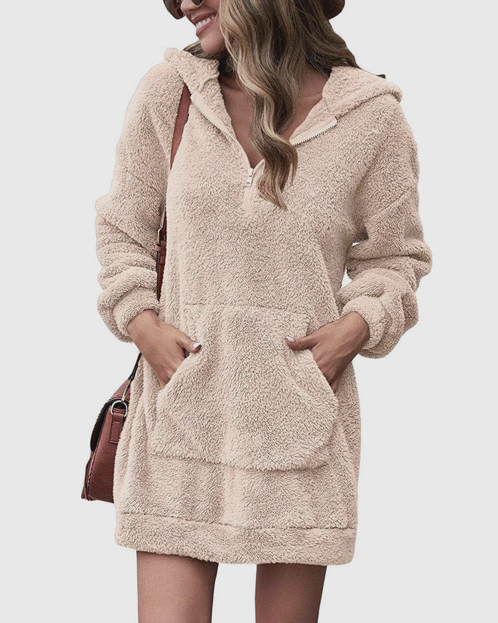 Damen Kuscheliger Hoodie-Kleid mit praktischen Taschen und halben Reißverschluss Drune