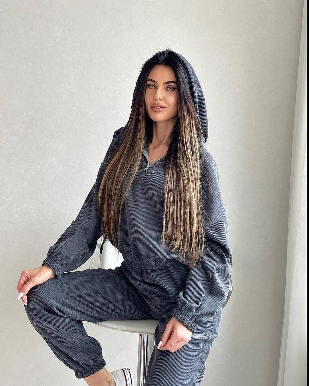 Damen Lässiger Kapuzenpullover mit Rippstruktur Drune