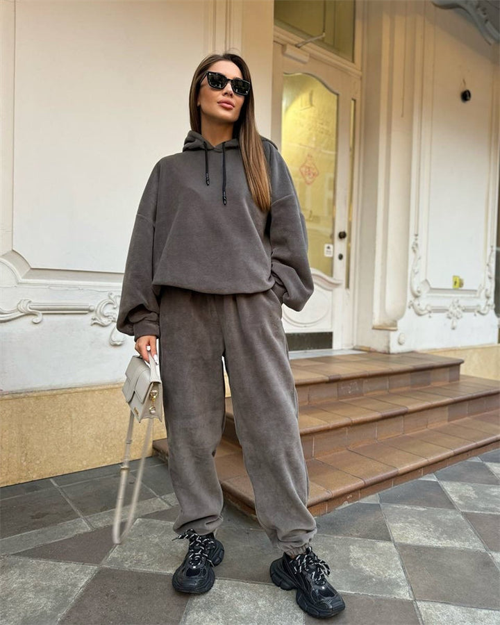 Damen Kuscheliges Fleece-Loungewear-Set mit Kapuze und weitem Schnitt Drune