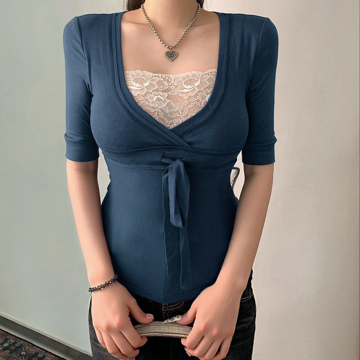 Damen Wickeloberteil mit Spitzenbesatz und Taillenband Drune