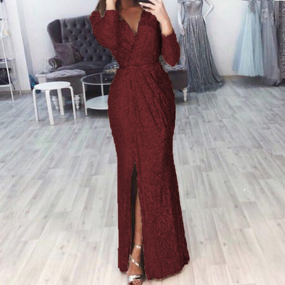 Damen langes Abendkleid mit elegantem Wickelschnitt und Schlitz Drune