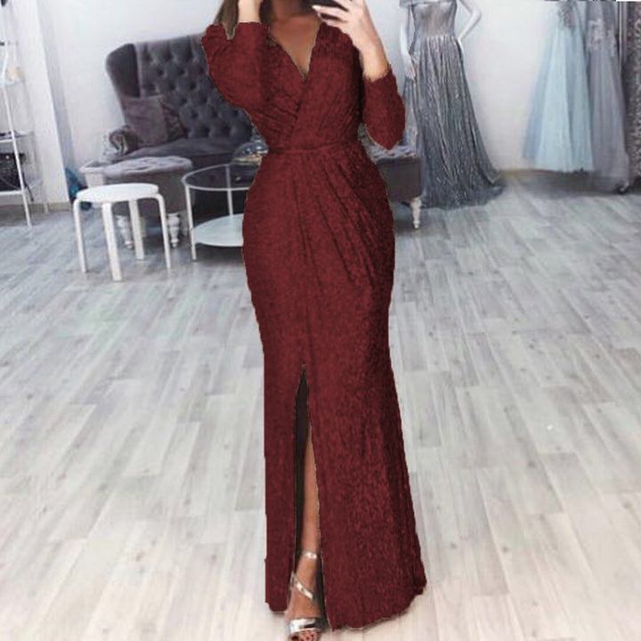 Damen langes Abendkleid mit elegantem Wickelschnitt und Schlitz Drune
