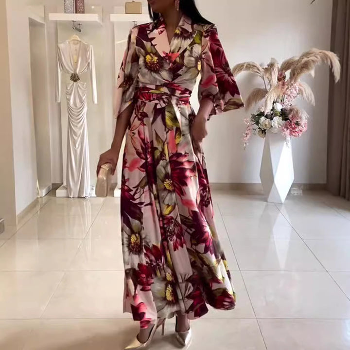 Damen elegantes Blumenkleid mit tailliertem Gürtel und weiten Ärmeln Drune