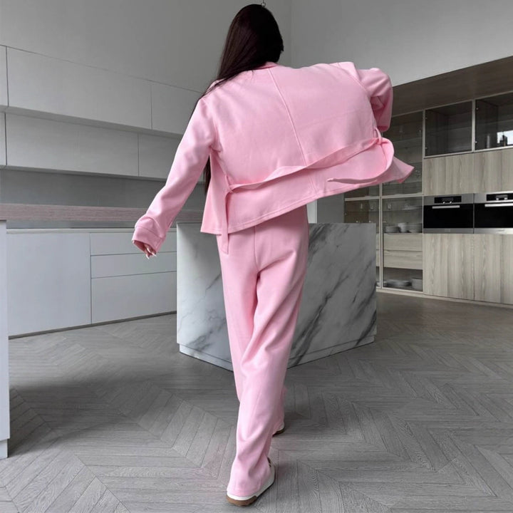 Damen elegantes Loungewear-Set mit taillierter Jacke und weitem Bund Drune