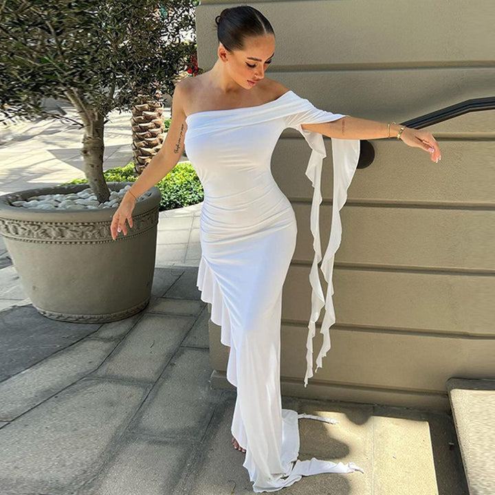 Damen elegantes Wickelkleid mit asymmetrischem Rüschendesign und dekorativem Oberteil Drune