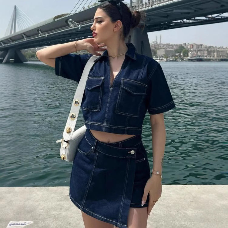 Damen modisches Denim-Kurzoberteil und Rock Set Drune