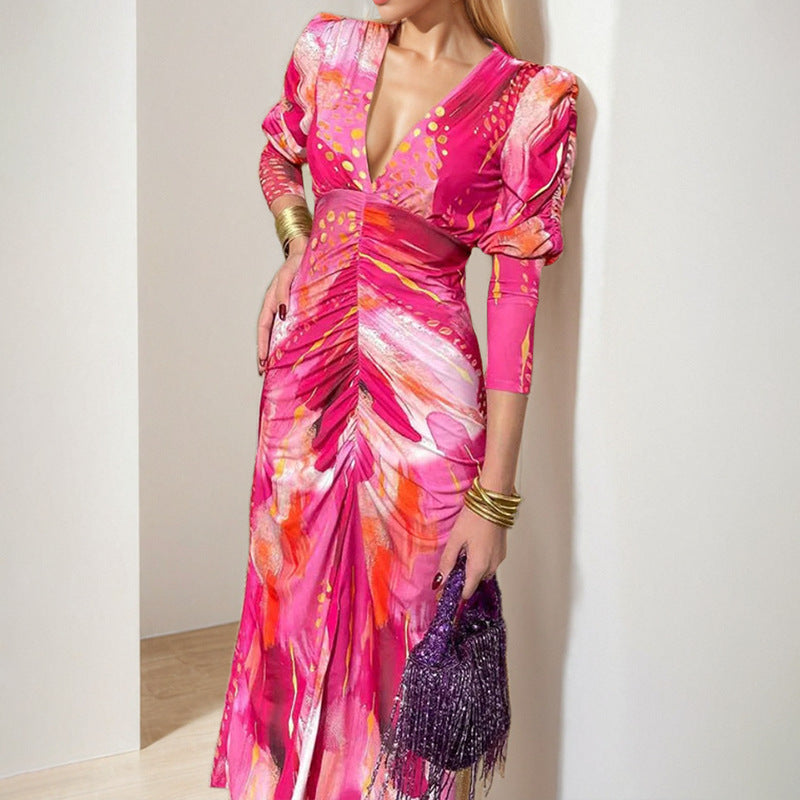 Damen Maxikleid mit auffälligem Drapierungseffekt und ballettartigen Puffärmeln Drune