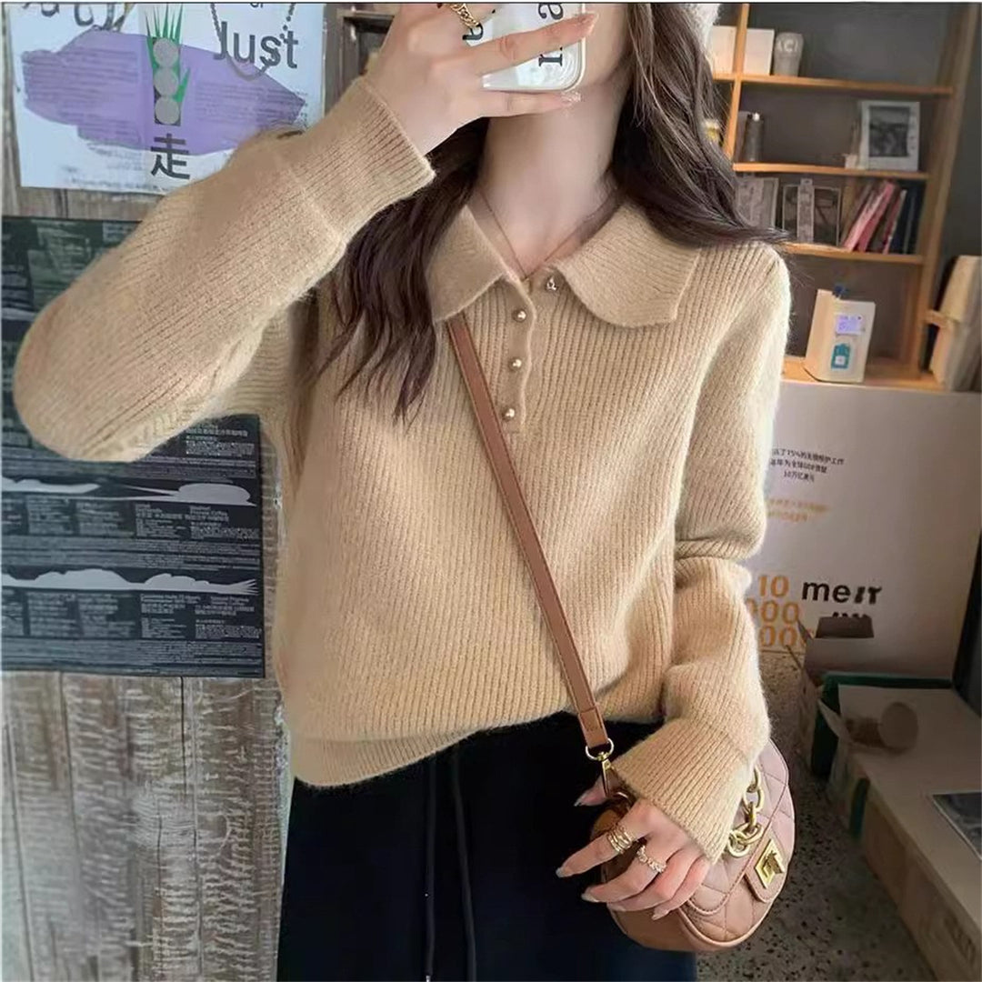 Damen Pullover mit strukturiertem Polo-Kragen und Knopfdetails Drune