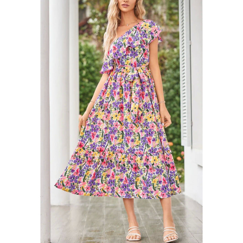 Damen Maxikleid mit asymmetrischem Schnitt und floralem Volantdesign Drune