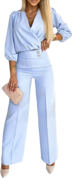 Damen eleganter Jumpsuit mit Wickeloberteil und hochtaillierten Beinen Drune