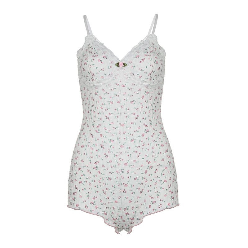 Damen Schlafbody mit zartem Blumenmuster und eleganter Spitzenverzierung Drune