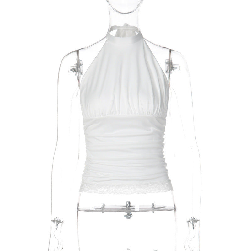 Damen Elegantes Haltertop mit Rüschen und Spitzenabschluss Drune