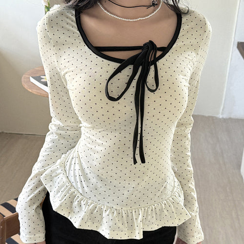 Damen nan tailliertes Longsleeve mit Rüschensaum, Tunnelzug und feinem Punktmuster Drune