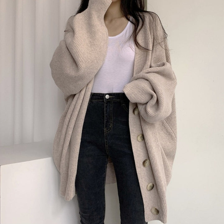 Damen gemütlicher Oversized-Strickcardigan mit großen Knöpfen Drune