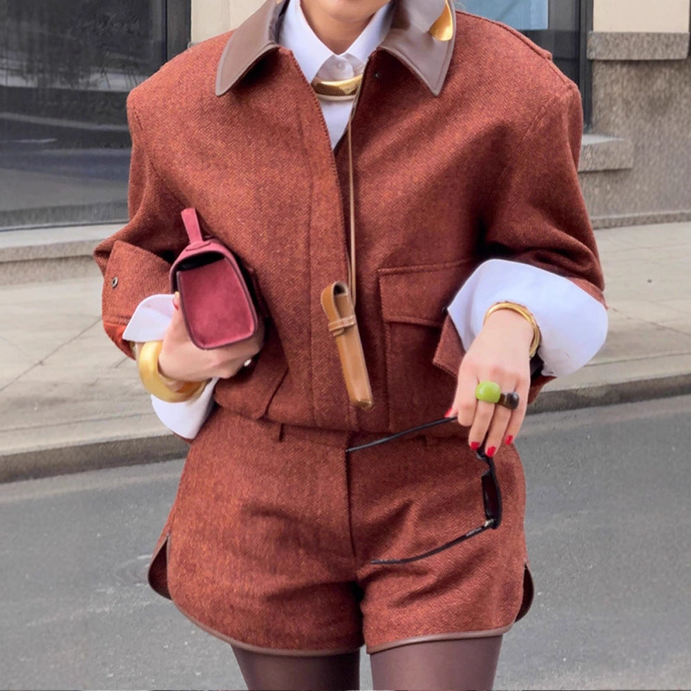 Damen modisches Blazer- und Shorts-Set mit strukturiertem Obermaterial Drune