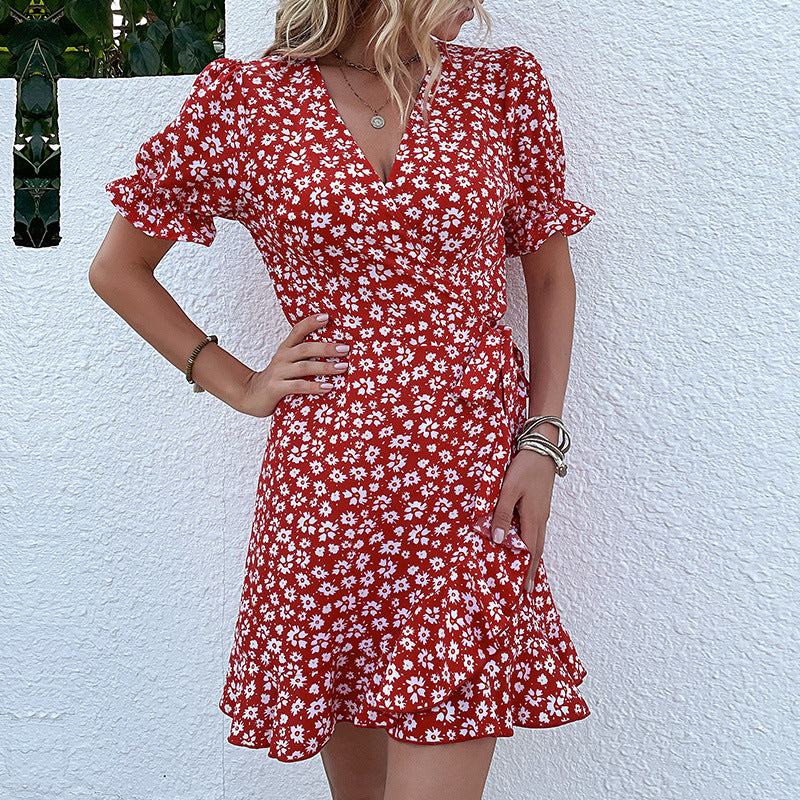 Damen Wickelkleid mit fließendem Rock und süßem Blumenmuster Drune