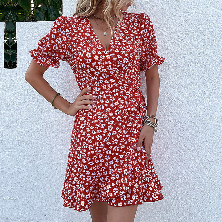 Damen Wickelkleid mit fließendem Rock und süßem Blumenmuster Drune