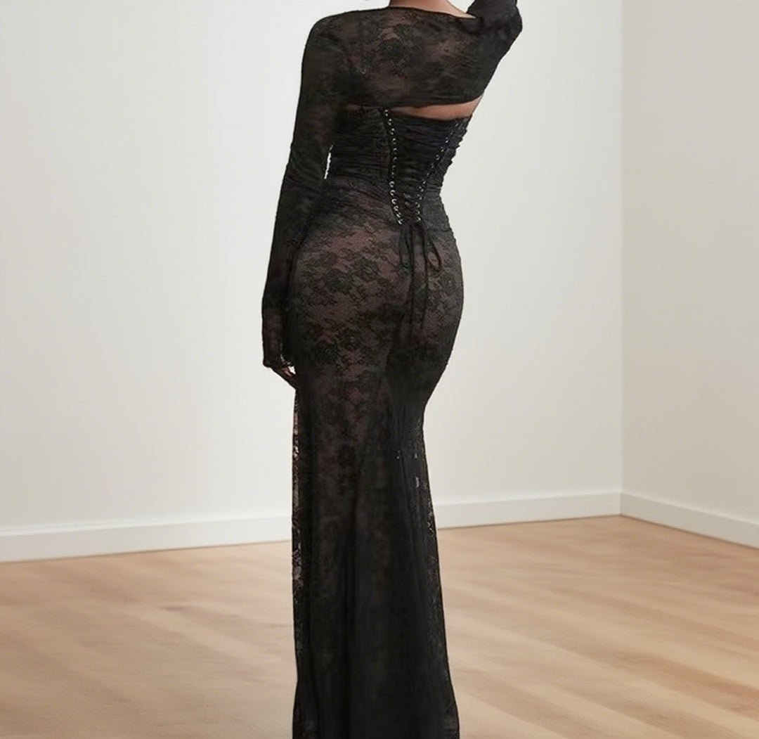 Damen Elegantes Spitzenkleid mit figurbetonter Silhouette und luxuriösem Langarmdesign Drune