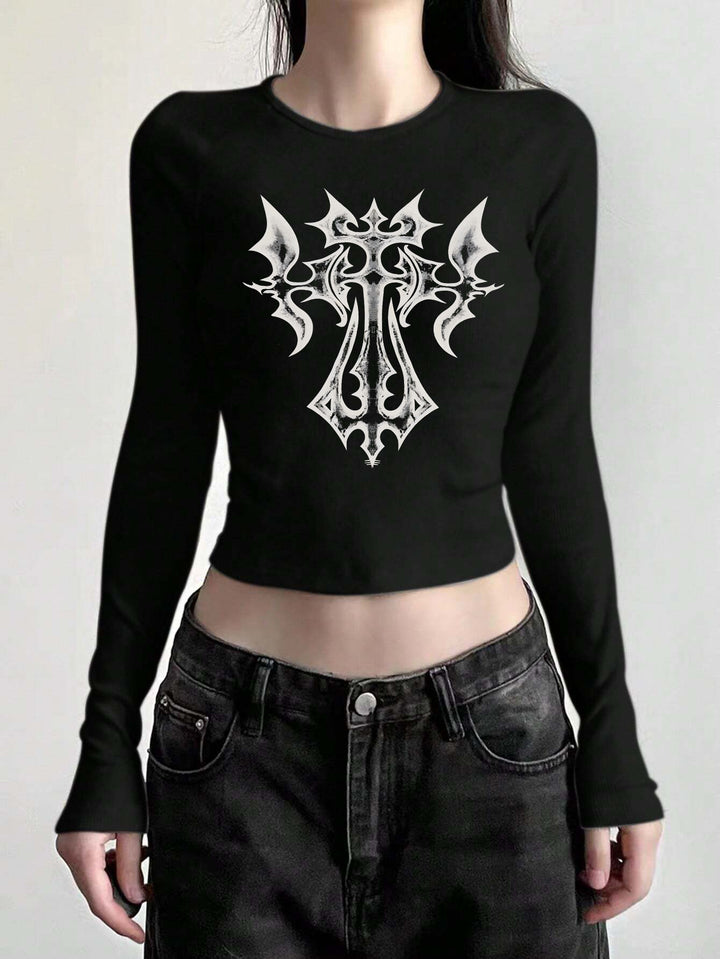 Damen nan figurbetontes langärmeliges Cropped-Shirt mit fotorealistischer Lippen-Collage und schmaler Passform Drune