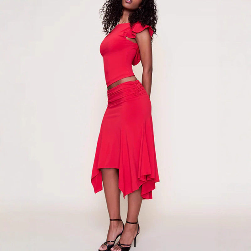 Damen Elegantes Oberteil mit Rüschendetails und asymmetrischem Rock Drune