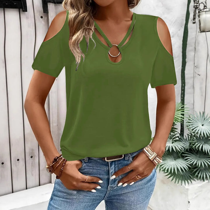 Damen modisches Kurzarmshirt mit offenen Schultern und dekorativem Ring Drune