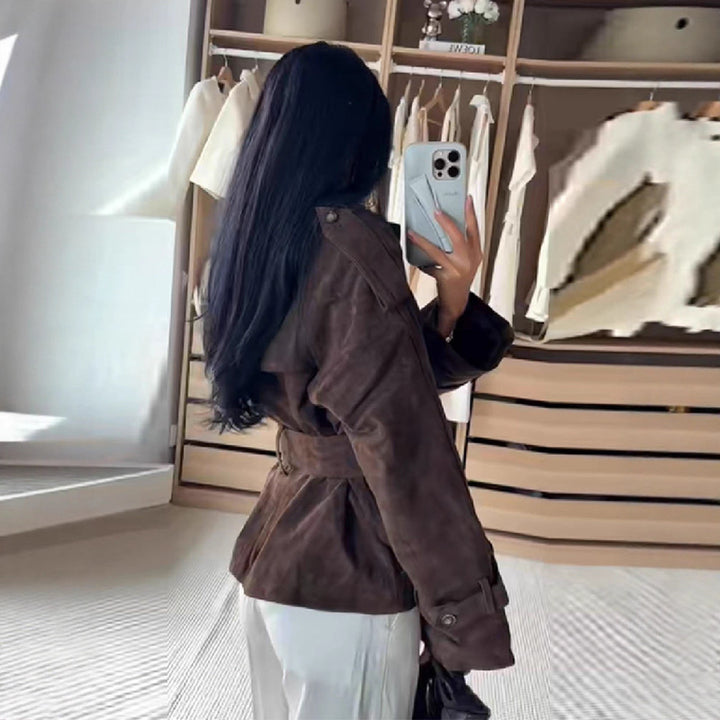 Damen Kunstlederjacke mit modischem Wickeldesign und breiten Ärmeln Drune