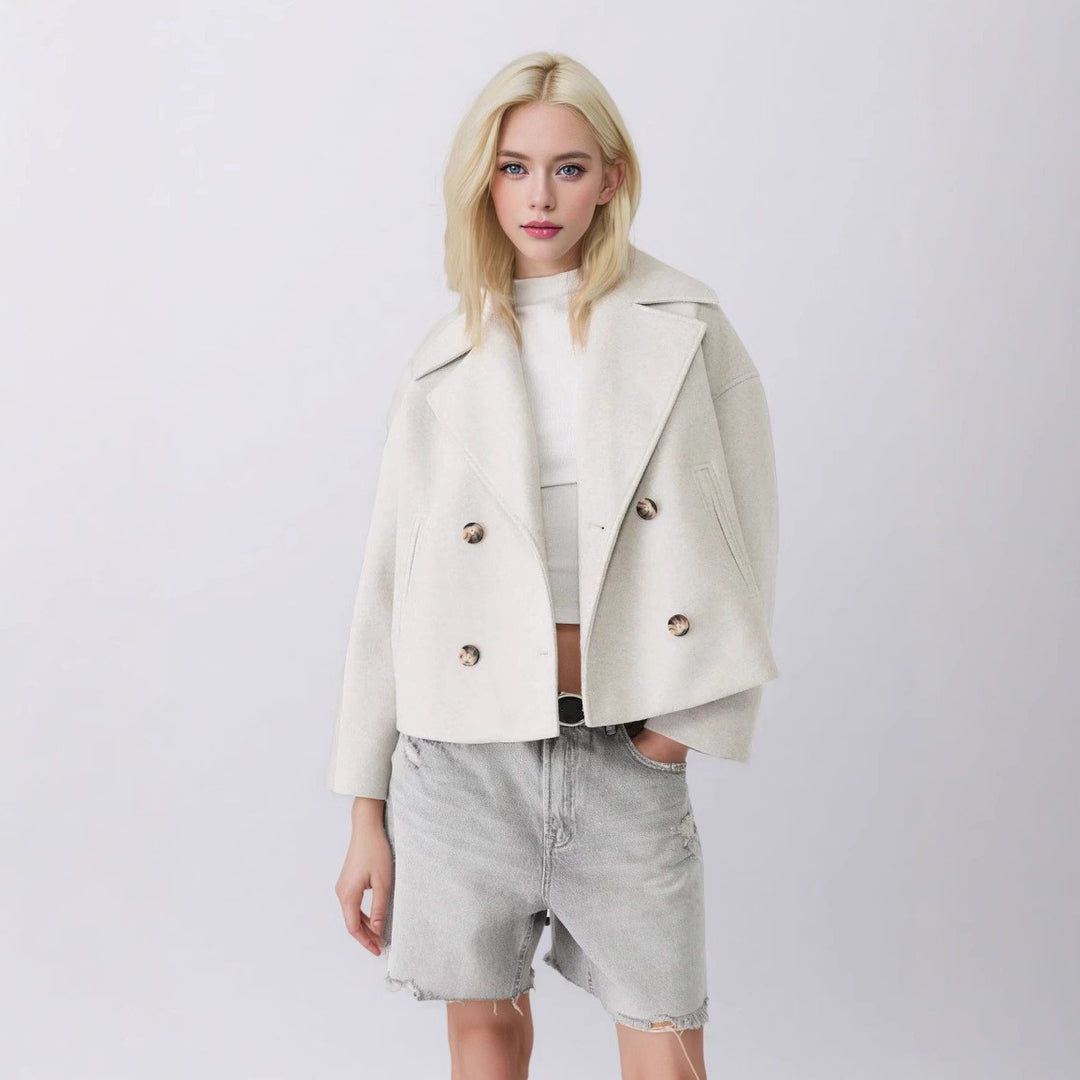 Damen nan kurzes doppeltreihiges Wollmix-Manteljacke im Boxy-Cut mit weitem Reverskragen Drune