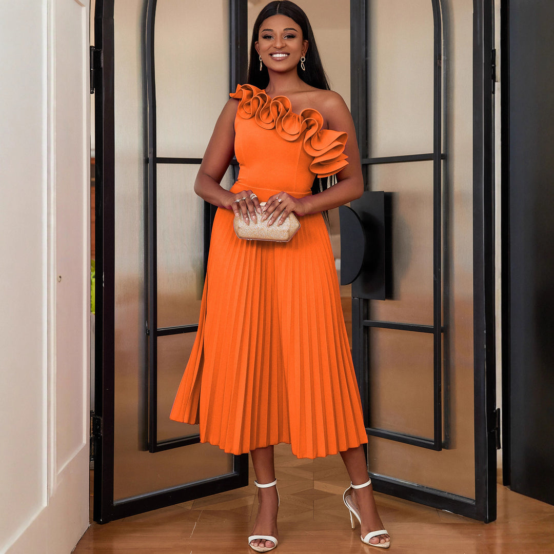 Damen Elegantes Midi-Kleid mit asymmetrischem Rüschen-Ausschnitt Drune