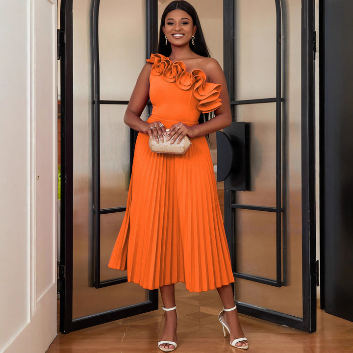 Damen Elegantes Midi-Kleid mit asymmetrischem Rüschen-Ausschnitt Drune