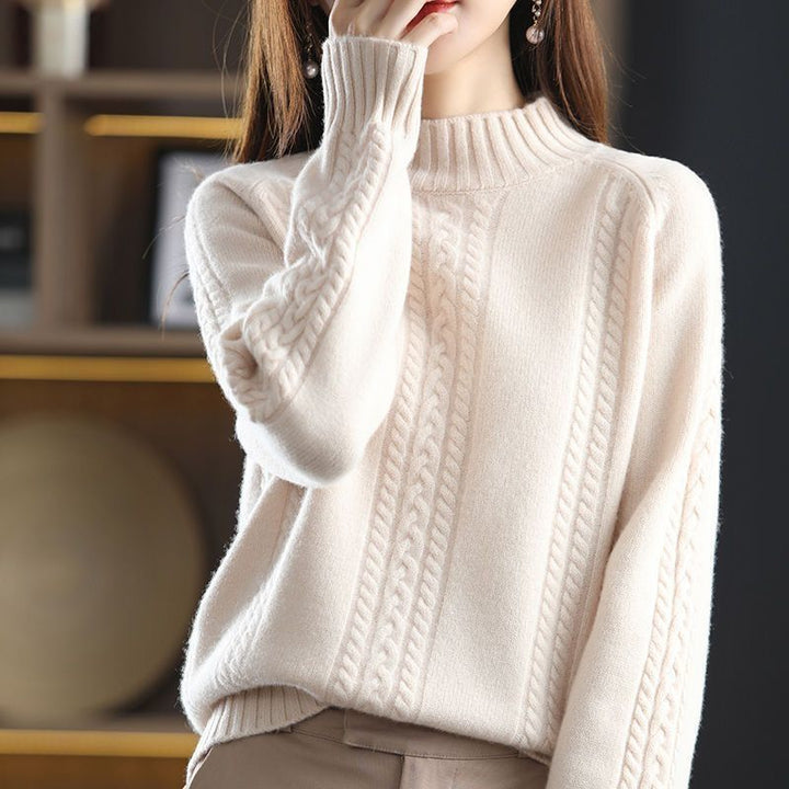 Damen kuscheliger Strickpullover mit hohem Kragen und Zopfmuster Drune