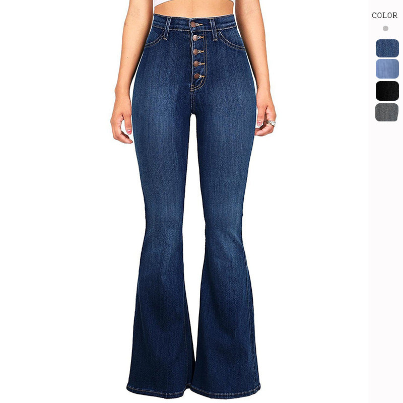 Damen nan Highwaist-Jeans mit ausgestelltem Schlag, taillierter Passform und dekorativer Knopfleiste Drune