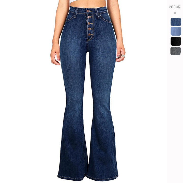 Damen Hohe Taille Flared Jeans mit dekorativen Knöpfen Drune