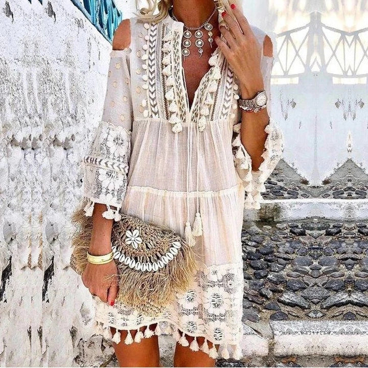 Damen Boho-Tunika mit Spitzendetails und offenen Schultern Drune