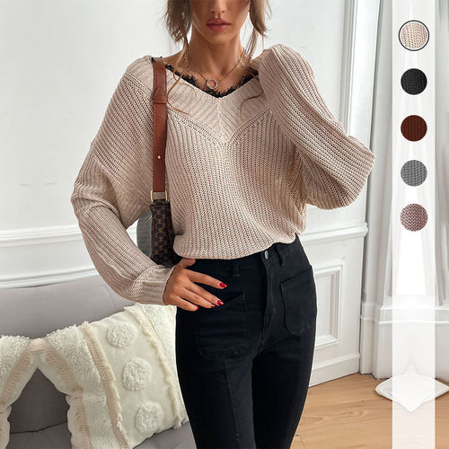 Damen lässiger Strickpullover mit modernem V-Ausschnitt und lockerer Passform Drune