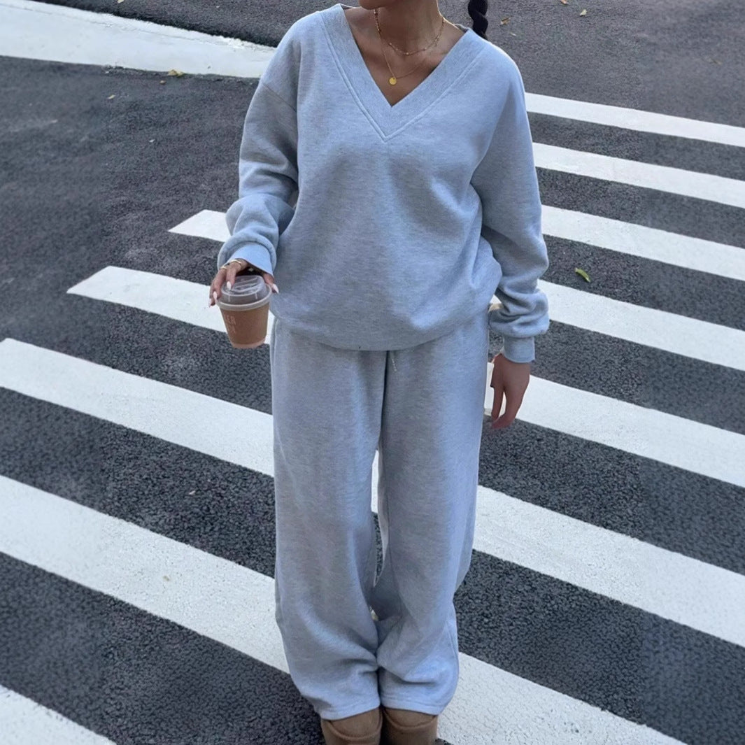 Damen lässiges V-Ausschnitt Sweatshirt und weite Jogginghose Drune