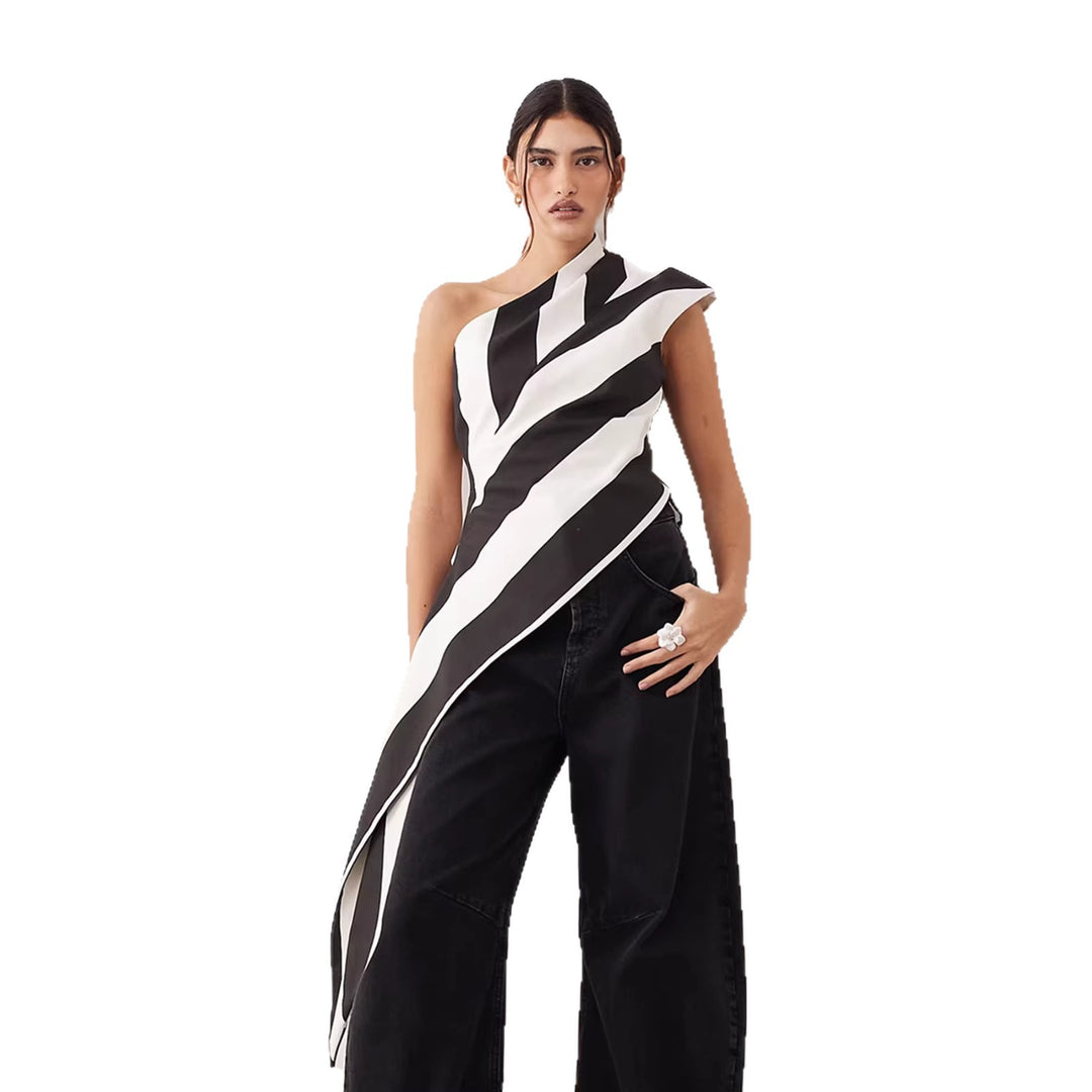 Damen asymmetrisches Wickeloberteil mit Streifenmuster Drune
