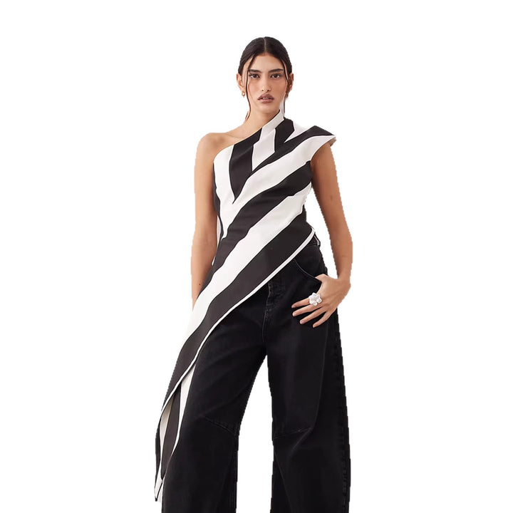 Damen asymmetrisches Wickeloberteil mit Streifenmuster Drune