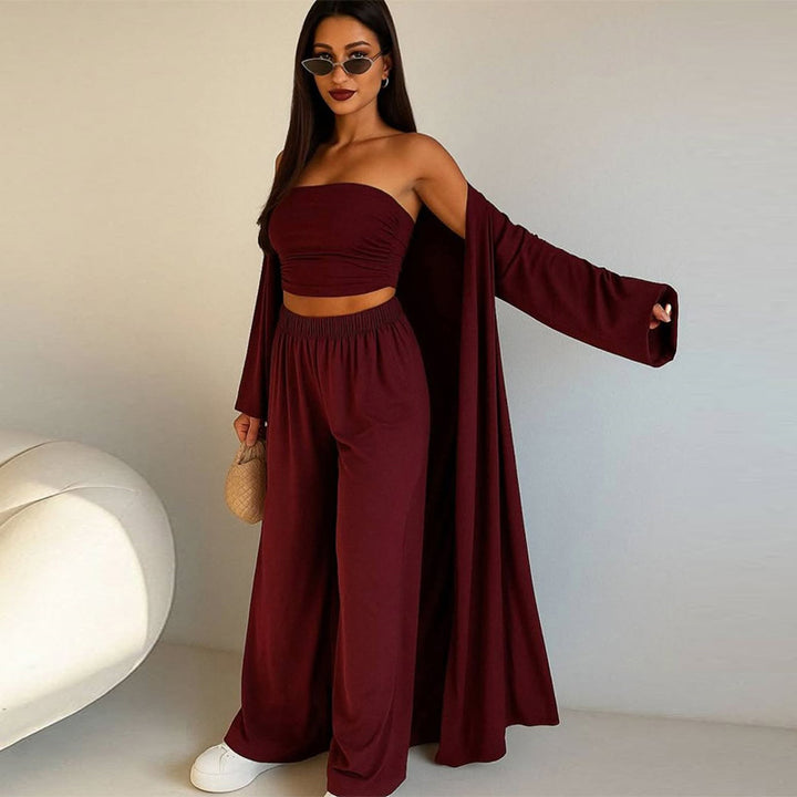 Damen elegantes 3-teiliges Set mit weitem Hosen und tailliertem Oberteil Drune