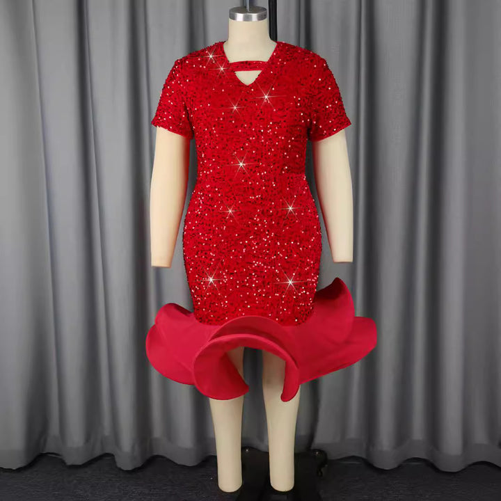Damen glamouröses Abendkleid mit schimmernden Pailletten und voluminösem Saum Drune