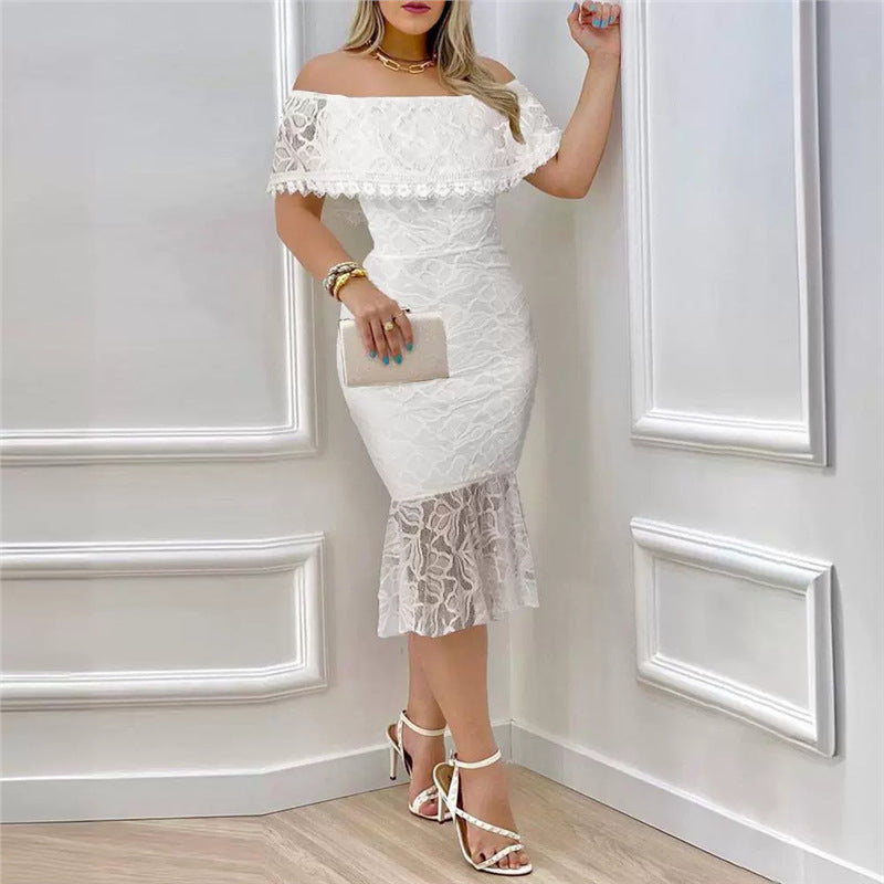 Damen Off-Shoulder Spitzenkleid mit voluminösem Saum Drune