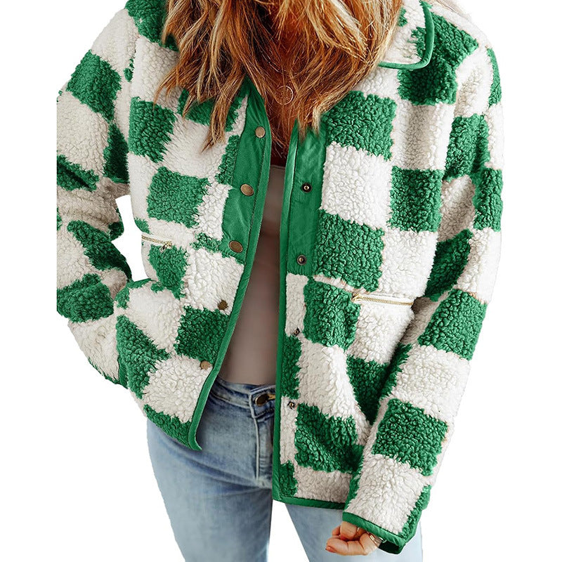 Damen flauschige Karojacke mit praktischen Taschen und Knopfverschluss Drune