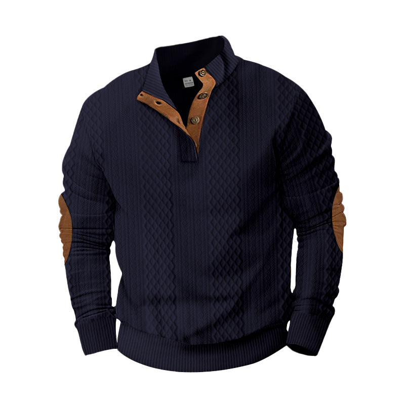 Herren nan strukturierter Henley-Pullover mit Stehkragen, Knopfleiste und Lederoptik-Ellbogenbesatz Drune