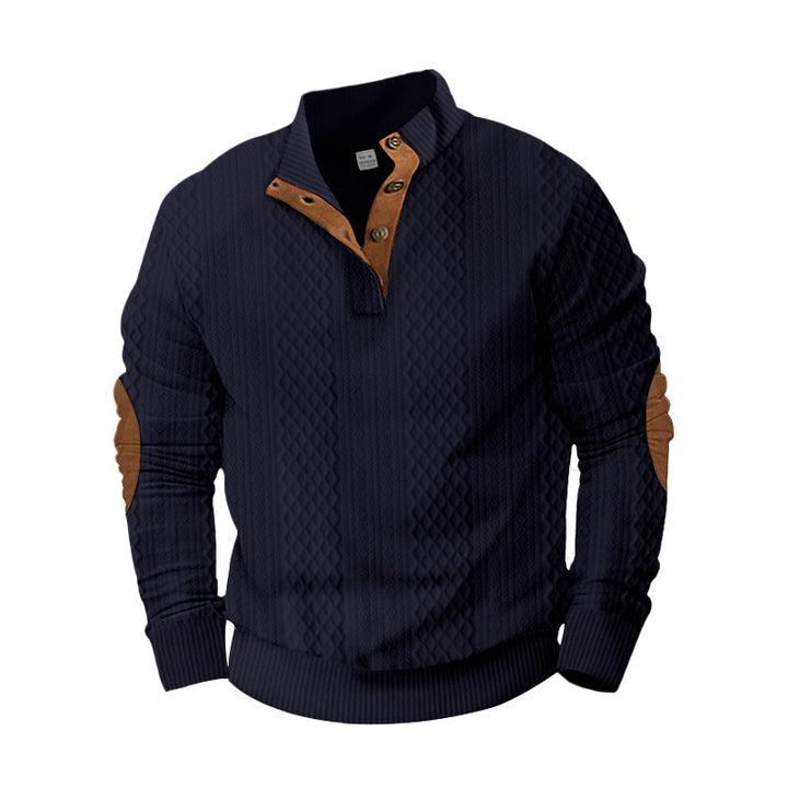 Herren nan strukturierter Henley-Pullover mit Stehkragen, Knopfleiste und Lederoptik-Ellbogenbesatz Drune