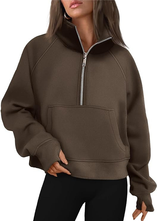 Damen nan cropped Halbzip-Sweatshirt mit hohem Stehkragen, Kängurutasche und überschnittener Schulter Drune